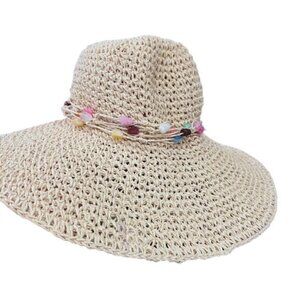 Boho Wide Brim Sun Hat Beaded Brim Trim Beach Pool Vacation Travel Cottage Coast